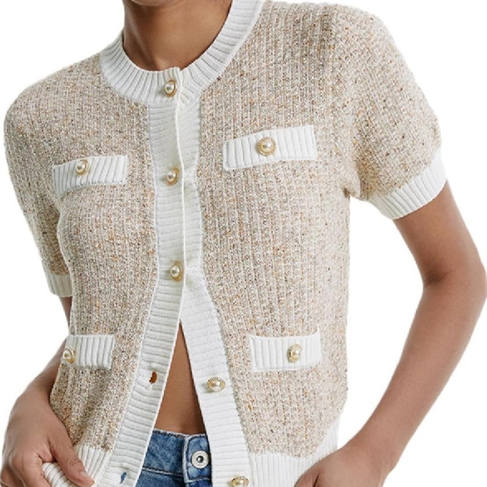 NWT URBAN REVIV Short Sleeve Button Down Cropped Cardigans Sweater Crew Neck